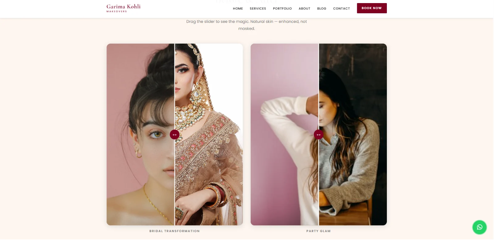 Before and after makeup slider on a beauty portfolio website showing a bridal transformation and a party glam look