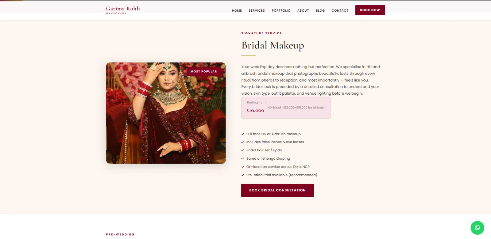 Bridal makeup service page on a makeup artist portfolio website with a bridal photo, starting price and what is included