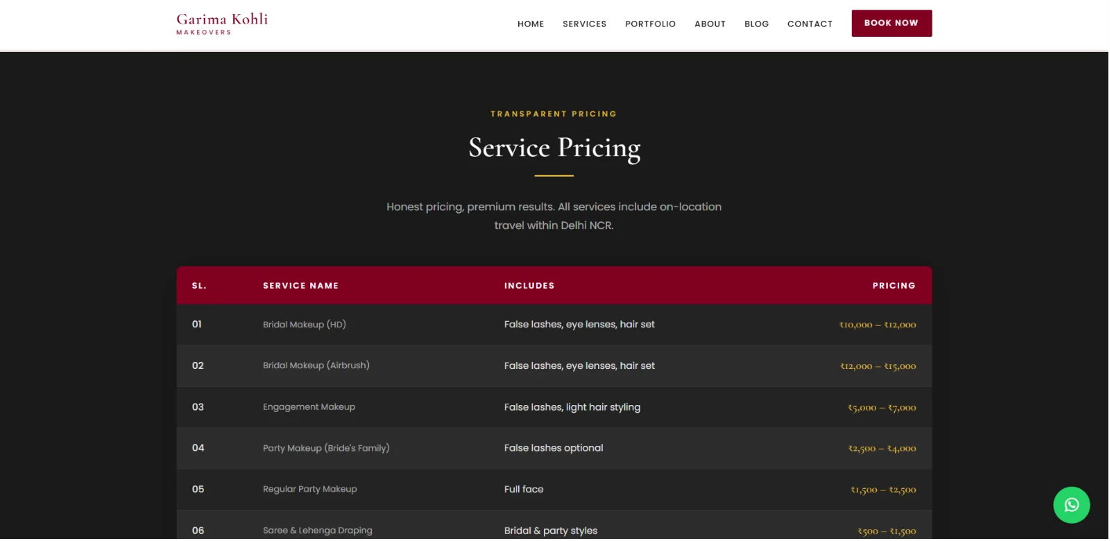 Beauty parlour website service pricing table listing bridal HD and airbrush makeup, engagement, party makeup and saree draping prices