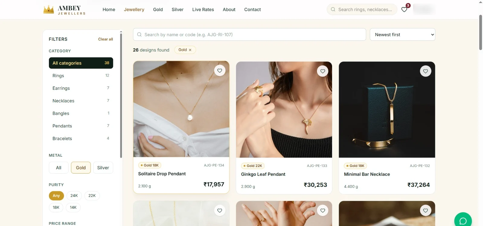 Online jewellery store catalogue filtered to gold, with category, metal and purity filters beside product cards showing weight and price