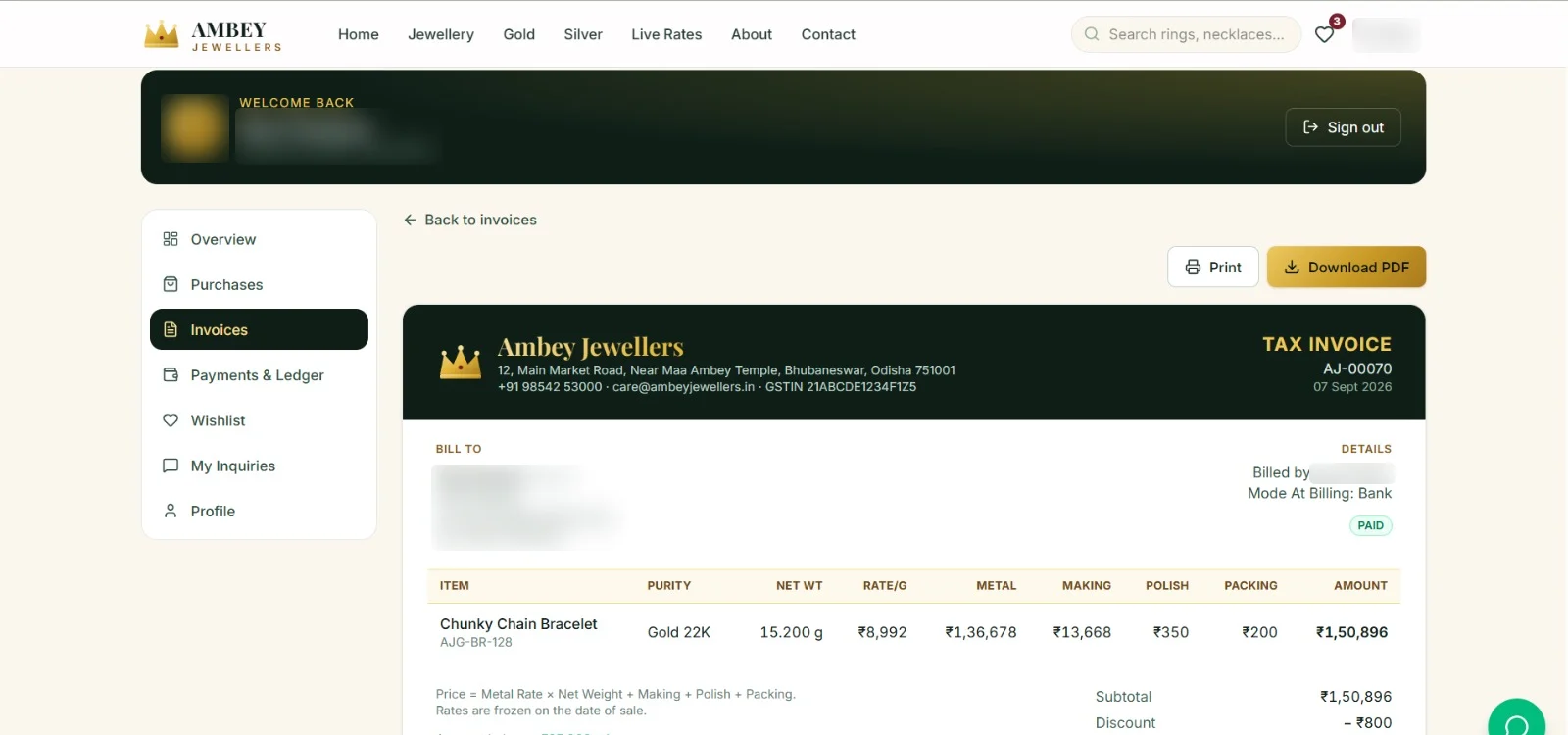 Jewellery shop management software showing a GST tax invoice with purity, net weight, rate per gram, making, polish and packing charges