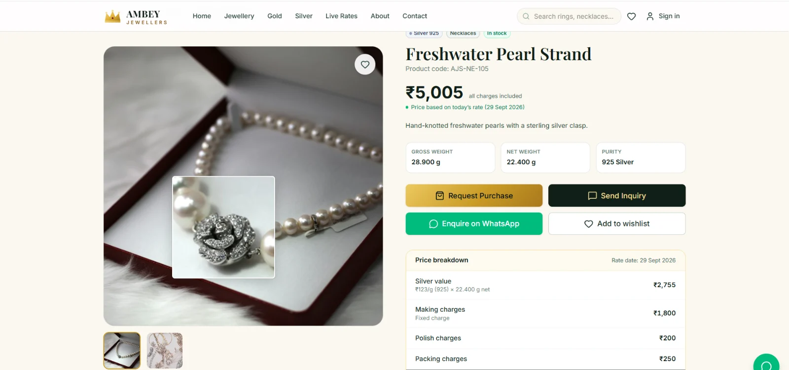Jewellery product page with zoom lens, gross and net weight, purity and an itemised price breakdown based on the day's silver rate