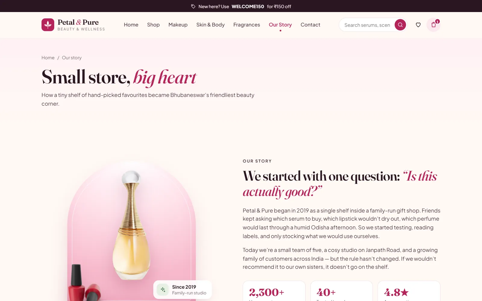 Our Story page for a small beauty studio with the brand's founding story and a perfume bottle in a pink arch