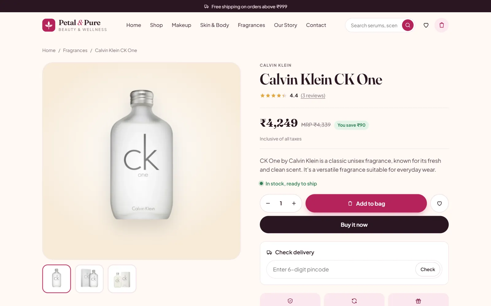 Fragrance product page on a beauty store with an image gallery, price and savings, stock status, add to bag, buy it now and a delivery check by pincode