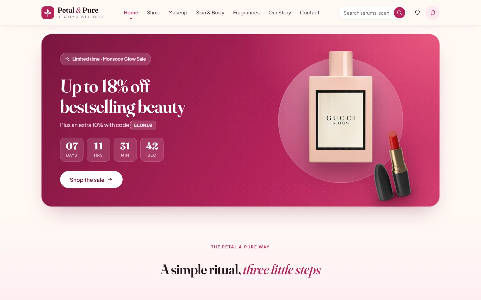Seasonal sale banner on a beauty store offering up to 18% off bestsellers with a coupon code and a live countdown in days, hours, minutes and seconds