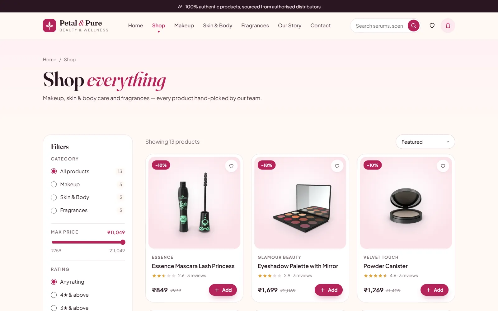 Beauty store catalogue with filters for category, maximum price and rating, sorting and product cards for mascara, an eyeshadow palette and a powder compact