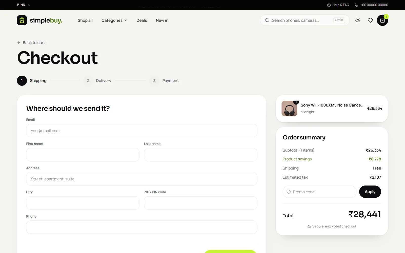 Three-step checkout with shipping, delivery and payment steps, an address form, order summary, promo code field and total in rupees