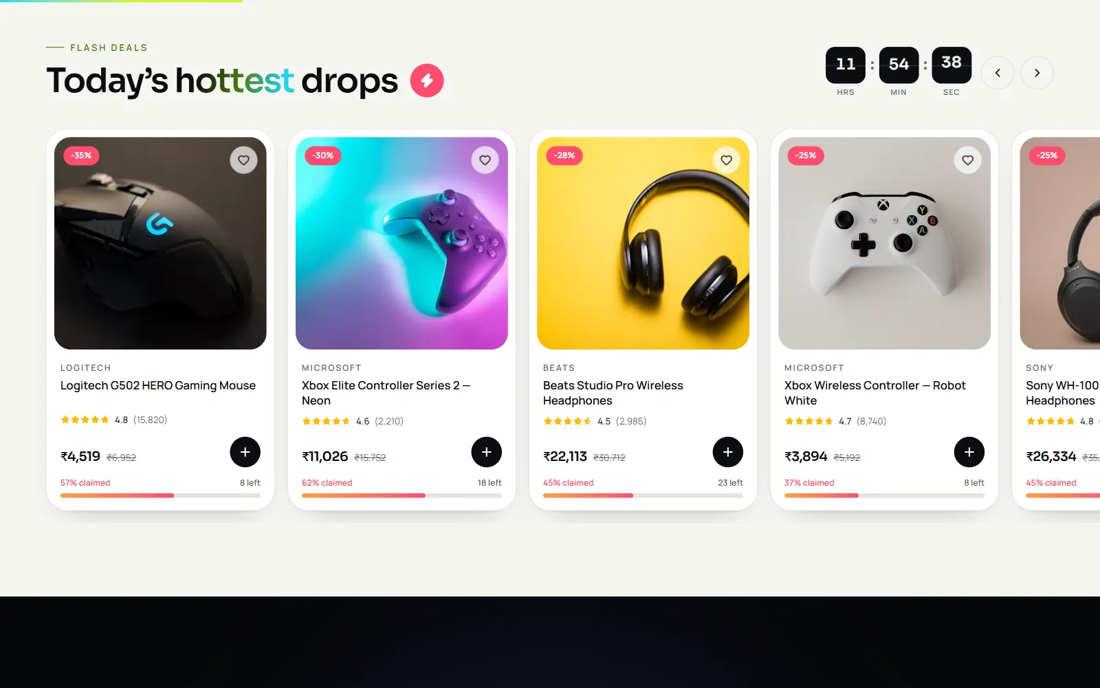 Flash deals section on an electronics store with a live countdown timer and discounted gaming mice, controllers and headphones showing stock claimed