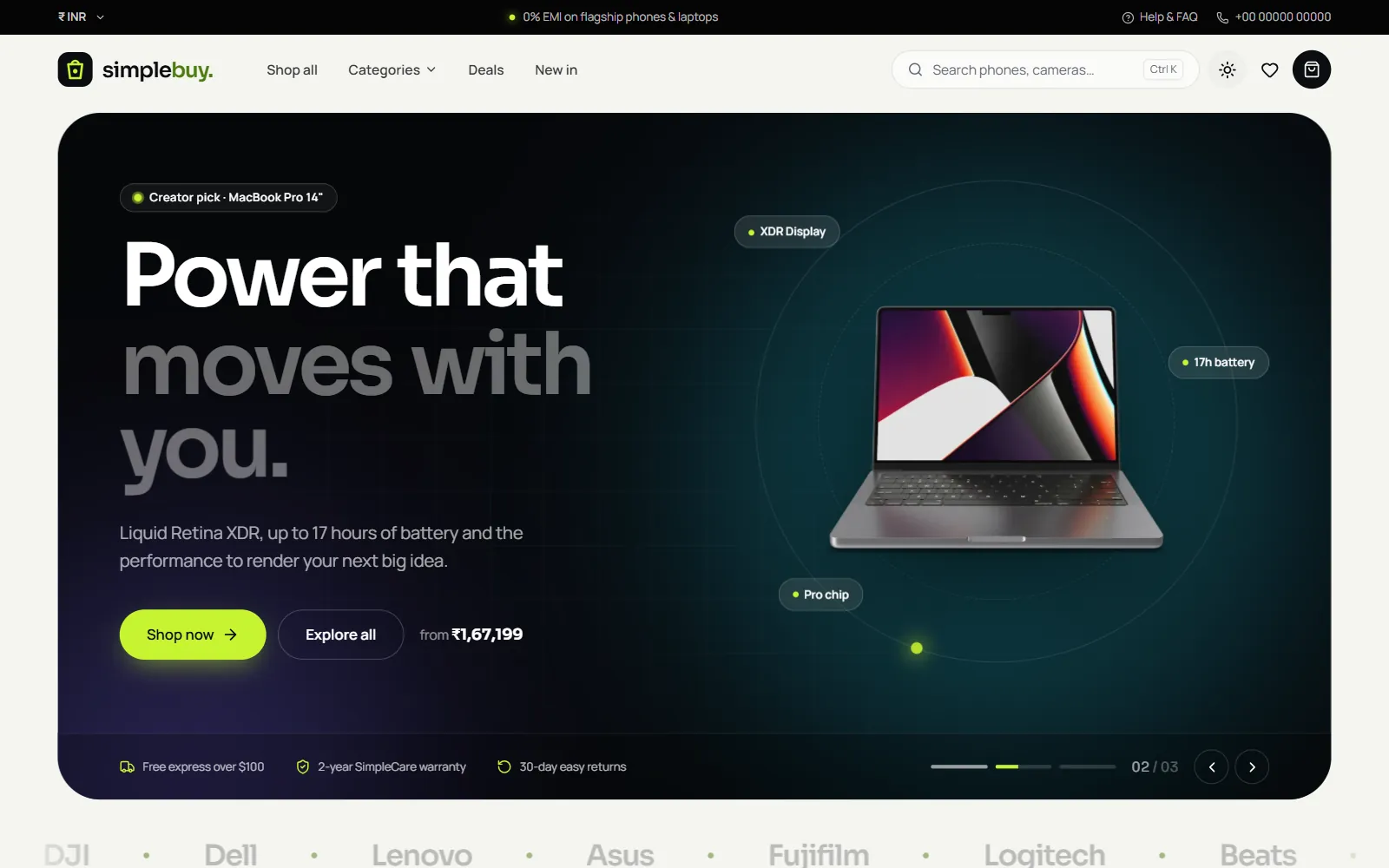 Electronics online store home page for SimpleBuy with a dark rotating hero showcasing a laptop, Shop now and Explore all buttons, and prices in rupees