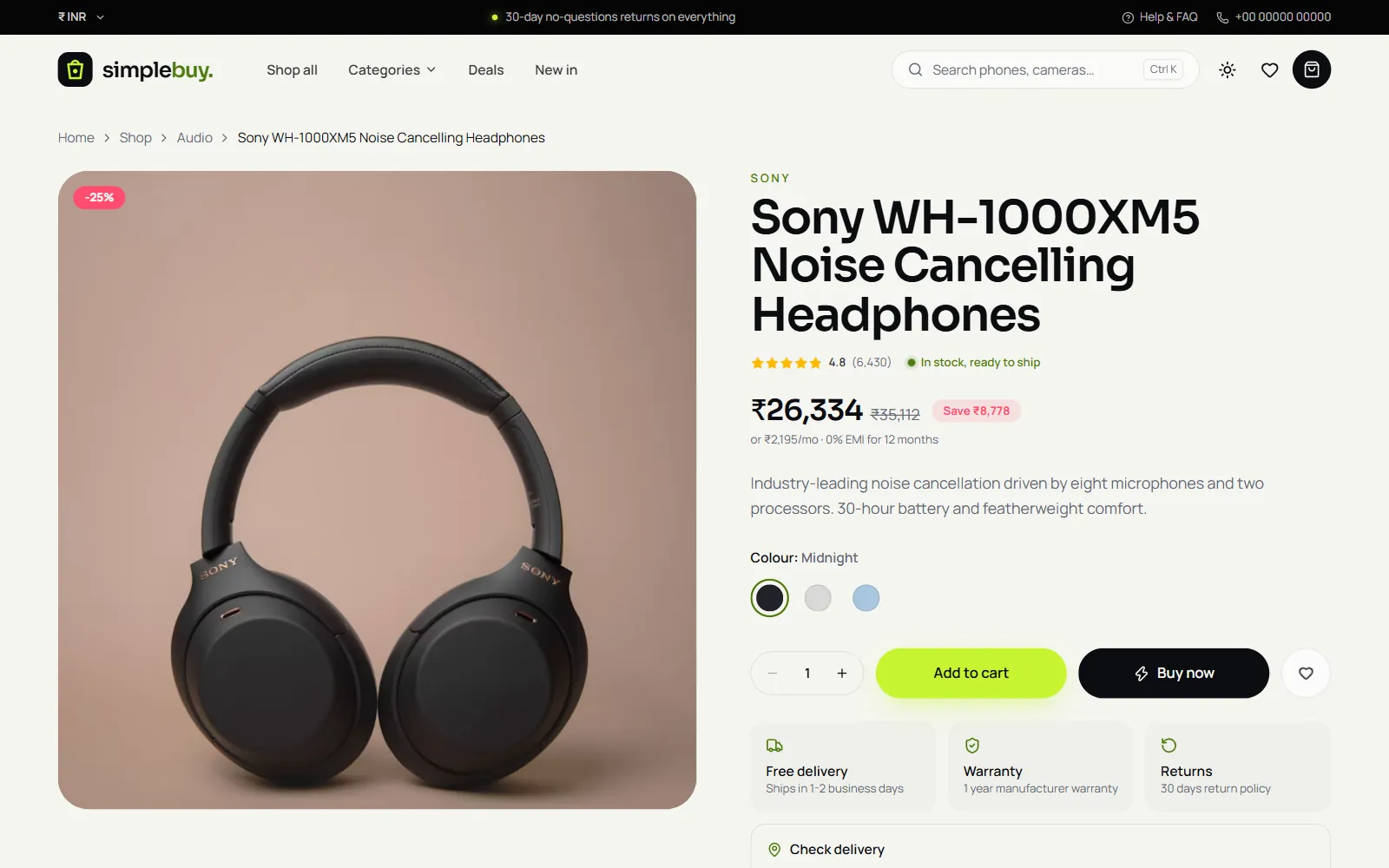 Product page for noise cancelling headphones on an electronics store showing price, savings, EMI option, colour choices, add to cart, buy now and a delivery check
