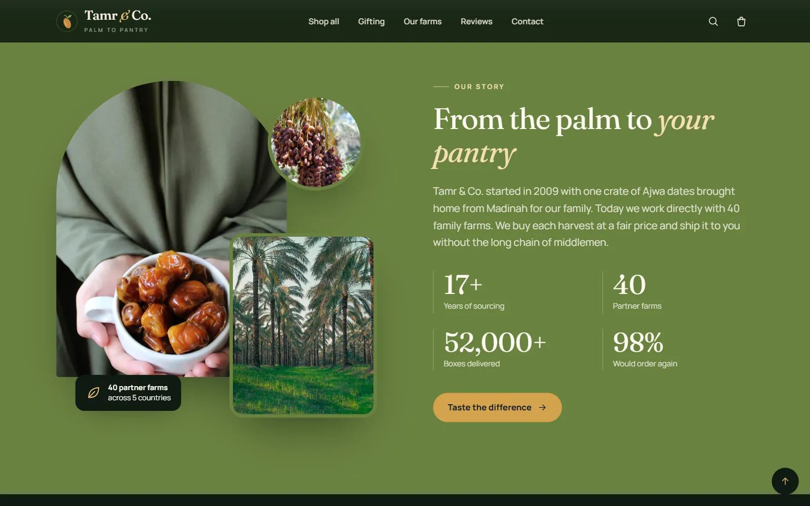 Our story section of a premium dates brand website with date palm photos and figures for years of sourcing, partner farms and boxes delivered
