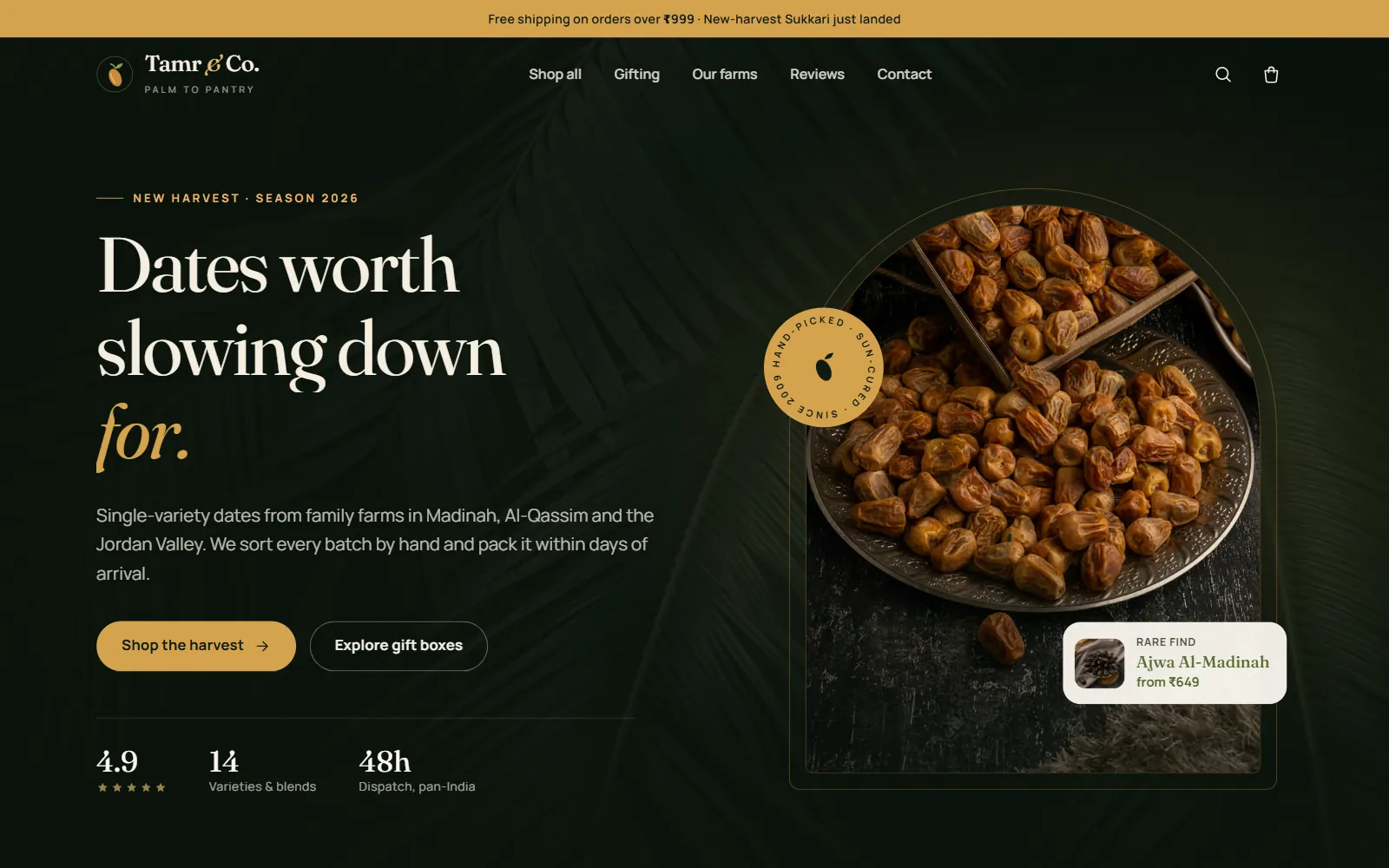 Premium dates online store home page for Tamr & Co. with a dark green and gold hero, a bowl of dates and Shop the harvest and Explore gift boxes buttons