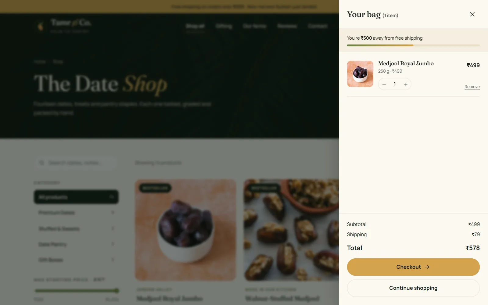 Slide-out shopping bag on a dates online store showing a free-shipping progress bar, the chosen item, quantity controls and the order total