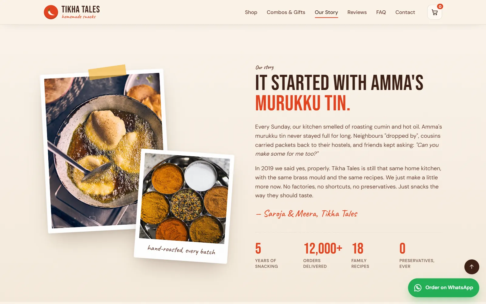 Our story section of a homemade snack brand with kitchen photos, the founders' story and figures for years, orders, family recipes and preservatives