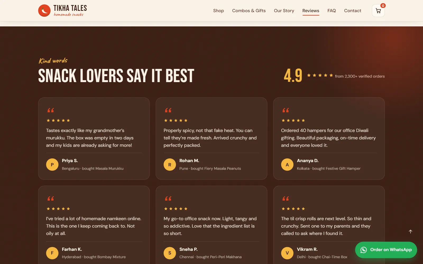 Customer reviews section for a homemade snack brand on a dark background with an overall rating and six review cards