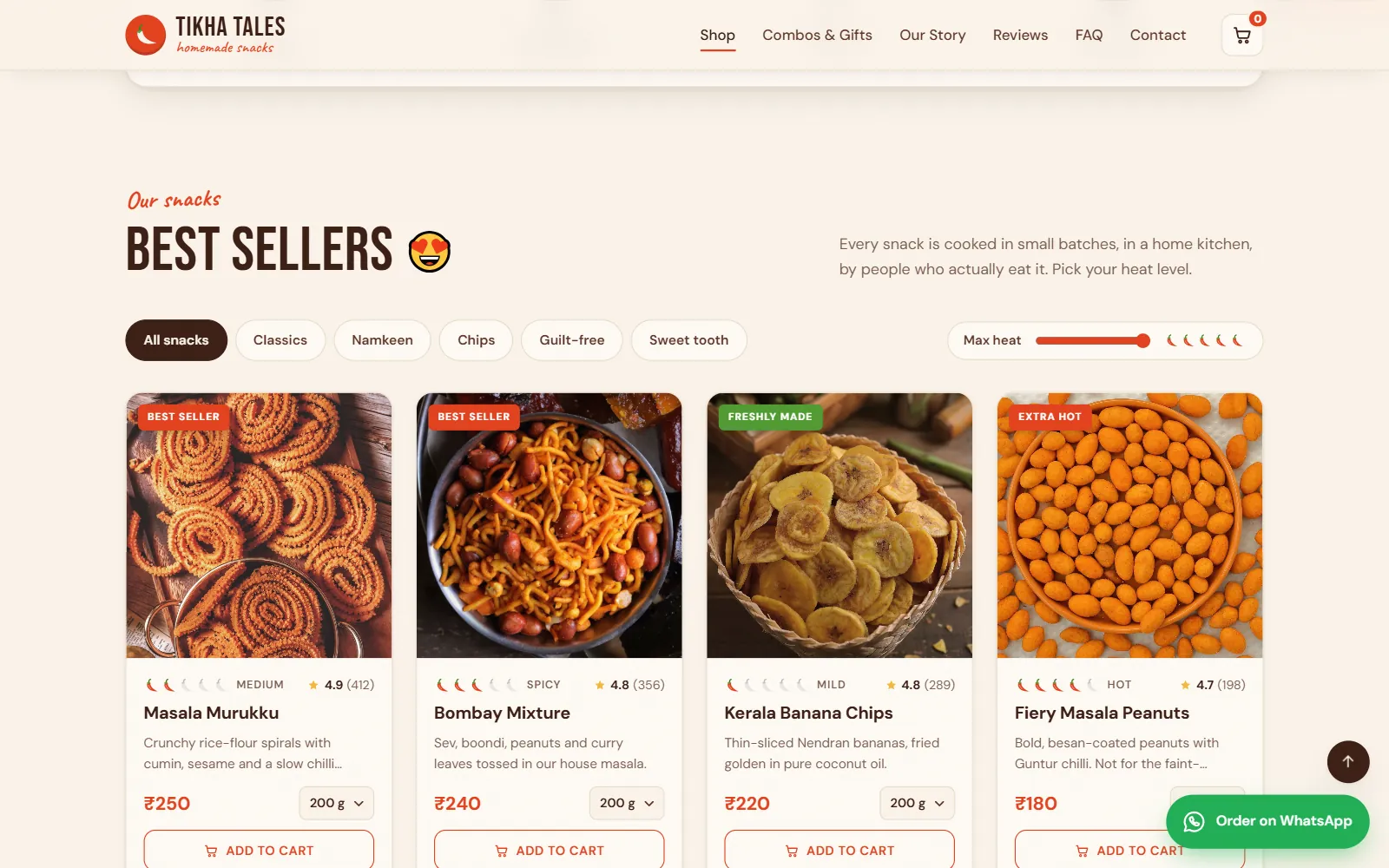 Snack shop section with category filters, a maximum heat slider and product cards for masala murukku, Bombay mixture, banana chips and masala peanuts with spice meters, ratings and pack sizes